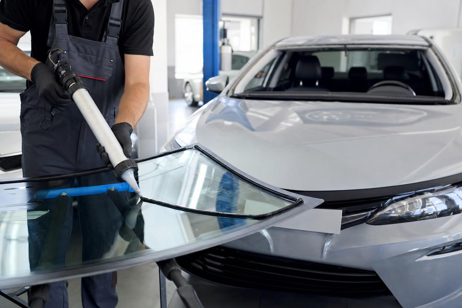 Auto glass technician preparing replacement glass