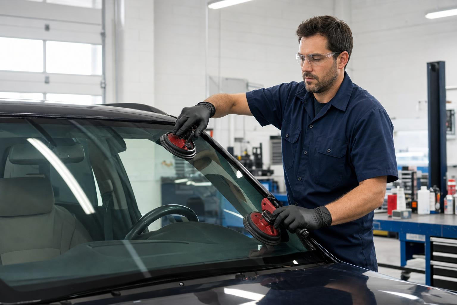 Auto glass technician replacing a windshield